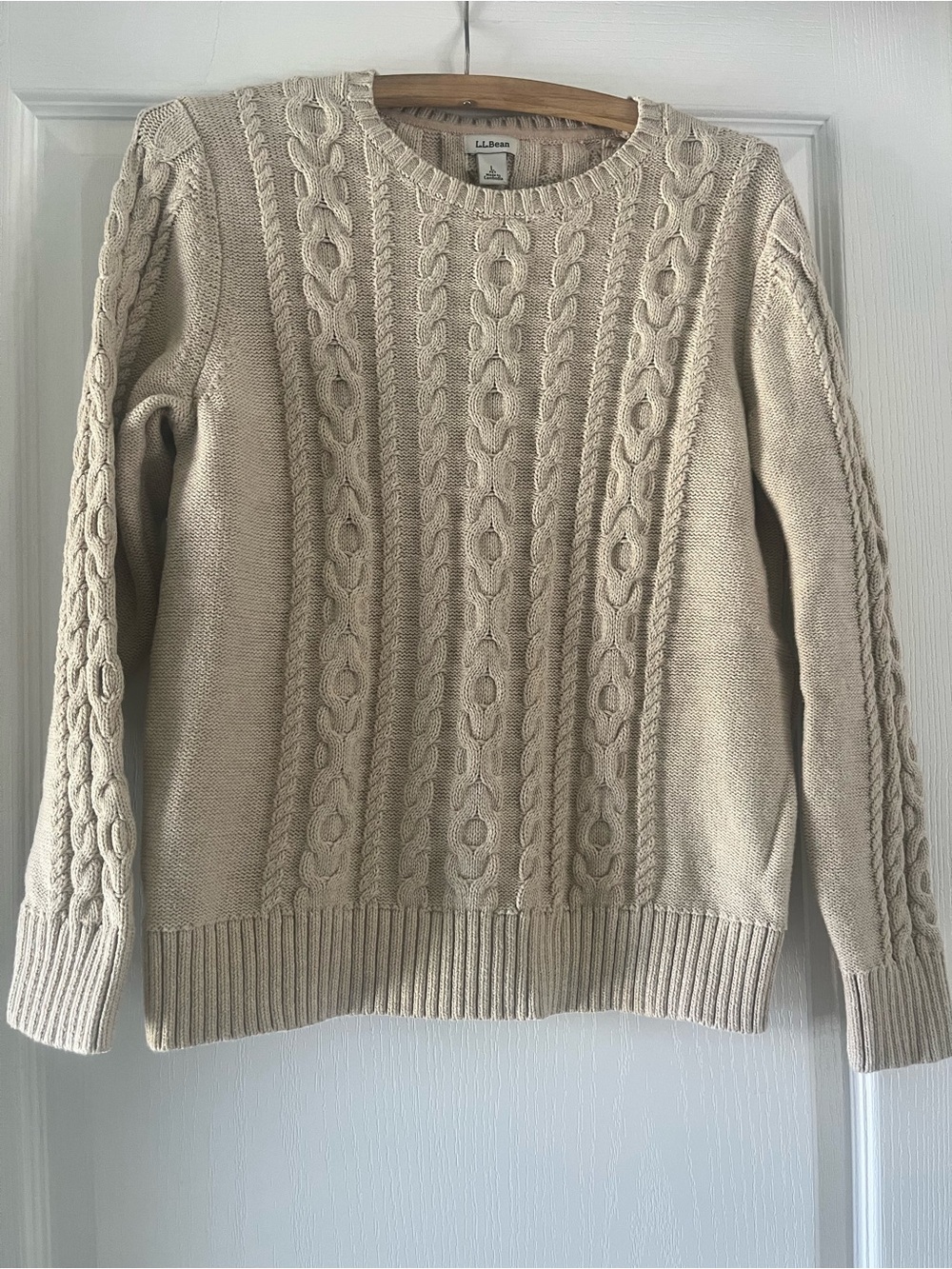 LL Bean Sweater Womens Beige Tan Fisherman Cable Chunky Collar Boxy Large
